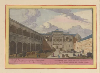 A sevillai Real Alcázar egyik belső udvarának látképe. A sevillai királyi palota, a mór királyok épülete (cím a tárgyon). Theatrum Hispaniae (...) (sorozatcím)