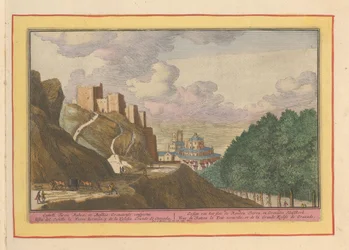 Kilátás az Alcazabára és a granadai katedrálisra A Rooden Tooren kastély gesigtje és a Granades Hoofdkerk (cím a tárgyon) Theatrum Hispaniae (...) (sorozat címe)