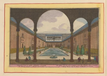 Udvar a granadai Alhambrában. A mór királyok gyönyörkertje a granadai Alhambra palotában (cím a tárgyon). Theatrum Hispaniae (...) (sorozatcím)