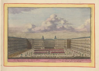 Plaza Mayor Madridban A Groote Mart en Place, Madrid közepén, ahol a Stiere csatákat mutatják be (cím az objektumon) Theatrum Hispaniae (...) (sorozat címe)