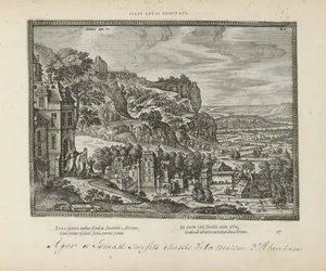 Landschap met de verdrijving van Hagar en Ismaël door Abraham Lucus örökbefogadott fiai (cím a tárgyon) A szent jelképek és mindkét testamentum főbb története (Oude Testament) (sorozat címe) Könyvek képei és figurái (sorozat címe)