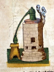 Alkímia: Desztilláló készülék. Metszet Pietro Andrea Mattioli (Matthiole) (1500-1577) könyvéből. Frankfurt