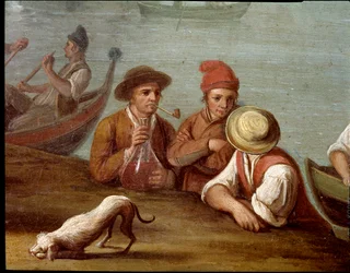 Lakoma Posillipóban (Pausilippe), Nápoly, részlet halászokkal - Lakoma Posillipóban - részlet halászokkal. Pietro Fabris. 18. század. Museo Nazionale di San Martino, Nápoly