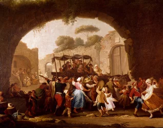 Táncjelenet és népünnepély Nápolyban, részlet. Tarantellatáncosok (tarantella, tarantella). Pietro Fabris (1763 és 1776 között működött), 18. század, Nápoly, Museo Nazionale di San Martino