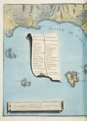 A Gaeta-öböl térképe Sir William Hamilton (1730-1803) „Campi Phlegraei: Megfigyelések a két Szicília vulkánjáról” című művéből, 1776-ban (kézzel színezett metszet)