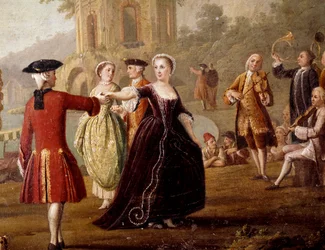 Előkelő tánc- és ünnepi jelenet Nápolyban. Táncosok egy parkban. 18. század. Nápoly, Museo Nazionale di San Martino