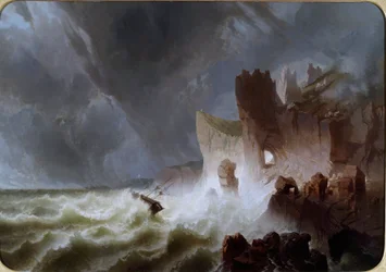 Lido solitario Tengeri táj, a viharban elkapott hajóval a sziklákra zuhant. Pietro Giuria festménye (XIX. század) Dim. 140x200 cm Genes Nervi, Galleria d