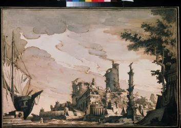 ""Kikötő kilátása"" Színházi dekoráció. Pietro di Gottardo Gonzaga (1751-1831) akvarellje 1818. Akvarell és tus papíron. Moszkva, Puskin Múzeum