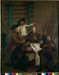 Vadászat a völgyben: névsorsolás - Pietro Longhi (1702-1785) festménye, olaj, vászon, 61x46 cm