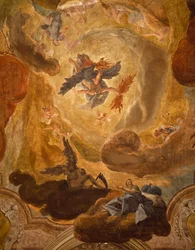 Olaszország, Velence, Nagy lépcsőház a Palazzo Sagredoban, óriások bukása, Pietro Longhi freskója