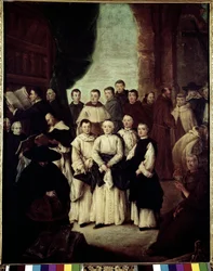 A Velencei Testvériség (La frateria di Venezia) - Pietro Longhi (1702-1785) festménye, olaj, vászon, 61x49 cm