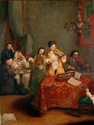 A hangverseny, hegedűsök triója. 18. századi Velence, Galleria dell’Accademia