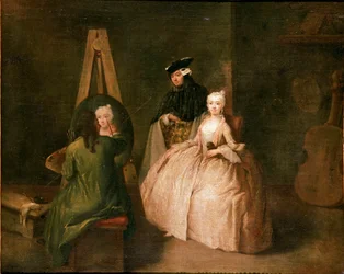 A festő műterme A festő a festőállványa előtt egy fiatal nőt ábrázol. Pietro Longhi (1702-1785) festménye 1740-1745 V. 44x53 cm Velence, Ca 