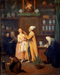 A gyógyszerész. Pietro Longhi (1702-1785) festménye. 1752 (Aloe vera az előtérben). Galleria dell