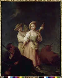 A fonók (The filatrici) - Pietro Longhi (1702-1785) festménye, olaj, vászon, 60x49 cm, 1760 körül. Velence, Querini Stampalia Alapítvány.