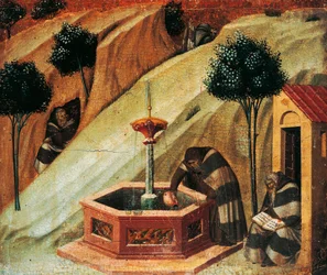 A karmelita Illés próféta forrásából, Pietro Lorenzetti (kb. 1280-1348) Carmine oltárképének részlete, tempera és arany falapon.