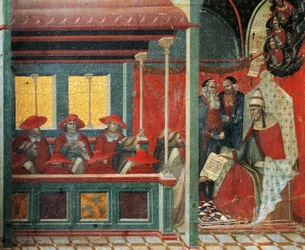 Honorius III jóváhagyja a karmelita szabályt, részlet a Carmine-oltárkép predellájából, Pietro Lorenzetti (1280-1348 körül), tempera és arany fatáblán