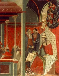 Honorius III jóváhagyja a karmelita szabályt, részlet a Kármin oltárképének predellájából, Pietro Lorenzetti (kb. 1280-1348), tempera és arany fatáblán