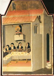 Az Áldott alázatot csodálatos módon sikerül felolvasni a Santa Perpetua refektóriumában Pietro Lorenzetti (kb. 1280-1348) Áldott alázat oltárképének csempe, tempera és arany fán
