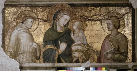 Szűz Mária a gyermekkel Szent János és Szent Ferenc között, Pietro Lorenzetti (1280-1348) freskója Assisiben, az alsó bazilikában, az Orsini-kápolnában.