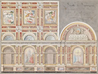 Giacomo Cordella freskójának tanulmányozása a Chiesa della Pieta, Fermo belsejében (ceruza, toll és barna tinta, papíron)