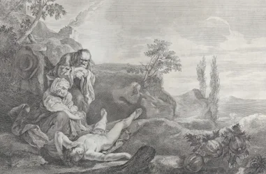 Ádám és Éva bal oldalon idős házaspárként gyászolják Ábel holttestét, aki i..., 1743-63.