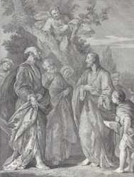 Zákeus megtérése, Krisztus jobb oldalán a vámszedőhöz fordul, aki székhelye..., 1730-39.
