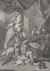 Jael sátorfát ver az alvó Sisera templomába, jobbra egy se..., kb. 1730-39.