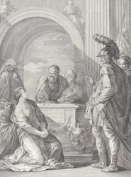 Jefte lánya az áldozati oltárnál térdelve, apjával a jobb oldalon áll..., 1730-50.