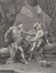 Sámson és Delila egy ágyon ültek, Sámson széttépte a köteleket, amelyek a kezét kötötték..., kb. 1730-39.