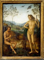 Apollo és Marsyas „” Marsyas fuvolán játszik Apollón, a líra királya előtt, kihívással. Pietro Vannucci festménye dit Il Perugino (Le Perugin) (1450-1523) V. 0,39x0,29 m