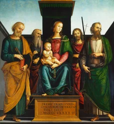 Madonna és gyermek a trónon Keresztelő Szent Jánossal, Péterrel, Pállal és János evangélistával, Pietro Perugino (kb. 1450-1523)