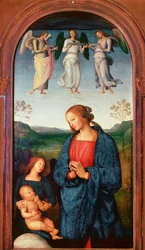Pavia Chartreuse poliptikusa: „Madonnának van a gyermeke és három angyala”” Pietro Vannucci dit il Perugino festménye (A Perugin