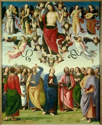 Pietro Vannucci dit Il Perugino (A Perugin) Krisztus mennybemenetele festménye (1450-1523) 1496 V. 3,25x2,65 m Lyon, Szépművészeti Múzeum - Krisztus mennybemenetele. Pietro Vannucci Il Perugino (1450-1523) című festménye