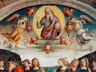 Az Úr próféciákkal és szibillákkal veszi körül, amelyek a Mindenható Urat képviselik. Pietro Vannucci dit il Perugino (Perugin) freskója (1448-1523) 1500 Méret: 229x370 cm Perugia, Collegio del Cambio