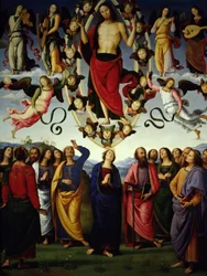 Krisztus Jézus Krisztus mennybemenetelét egy mandorla ábrázolja. Részlet. Pietro Vannucci festménye az Il Perugino-ban