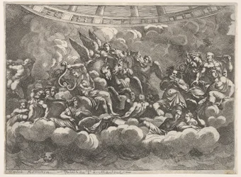 Különböző olümposzi istenek és mitológiai alakok gyülekezése a felhők között, Apollo at ce..., kb. 1680.