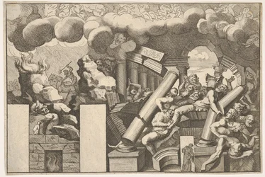 A sziklák és a templom leomló oszlopai által összetört óriások, felette füstfelhők..., kb. 1680.