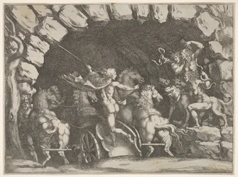 A Plútó, hátulról nézve, kocsiján belép az Alvilágba, Cerberus és három Fu..., kb. 1680.