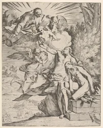 Izsák feláldozása: egy angyal nyomódik Ábrahám tőrt hordozó karjához, aki ..., 1645-50 körül.