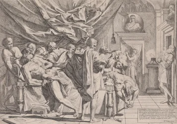 Cato filozófus öngyilkossága, amint az ágyán fekve kihúzza a beleit, b... figyeli, 1648