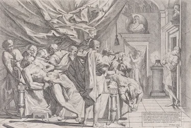 Cato filozófus öngyilkossága, amint az ágyán fekve kihúzza a beleit, b... figyeli, 1648