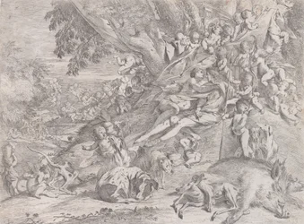 Vénusz és Adonisz, sok puttival körülvéve, a vadászat után hátradőlve, egy döglött vaddisznóval..., 1631-37.