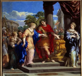 Cesar visszahelyezi Kleopátrt Egyiptom trónjára Jules Cesar Egyiptom trónját Kleopátrának adja, akibe beleszeretett, miután Kr.e. 47-ben legyőzte XIII. Ptolemeus fáraót. Cortonai Stone festménye (Pietro Berrettini dit Pietro da Cortona (1596-1669). 16