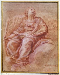 A felhőkön ülő Szent Firmine ábrázolása. Pietro Berrettini, Pierre de Cortona vagy Pietro da Cortona (1596-1669) ceruzarajza. 1647. Dim. 0,26x0,22 m. Párizs, Louvre Múzeum, rajziroda