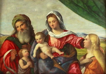 Madonna és gyermeke a Keresztelő Szent János csecsemővel, Szent Katalinnal és Szent Zakariással egy tájképben (olaj, vászon)