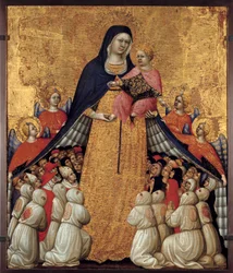 A Misericorde-i Szűz: Pietro da Recanati oltárképe, Pietro di Domenico da Montepulciano néven (aktív, 1418-ban elhunyt 1427 és 1432 között) Mérete 0,54 x 0,43 m. Avignon, Musee du Petite Palais – Az Irgalmasság Szűza. Pietro da Recanati oltárképe