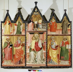 A Szűz és a Gyermek poliptichonja a szentekkel. Balra fent: Alexandriai Szent Katalin és Szent Mária Magdolna. Középen Krisztus a kereszten az "INRI" (I.N.R.I.) felirattal. Szűz Mária és Szent János. Jobbra fent: S