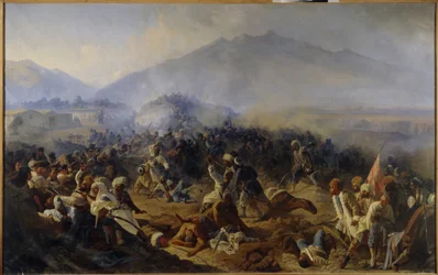 Akhty ostroma 1848-ban. Harci jelenet az észak-kaukázusi hegyekben, az orosz hadsereg és Imam Shamil (Shamil) (1797-1871) csapatai között, aki a függetlenség vágyában és vallási okokból vezette harcosait ( Dzsihád). Festett