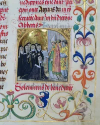 Az apácákat megáldó püspök Erasmus Ciolek püspök pápától, 1510 körül (tempera és arany pergamen)